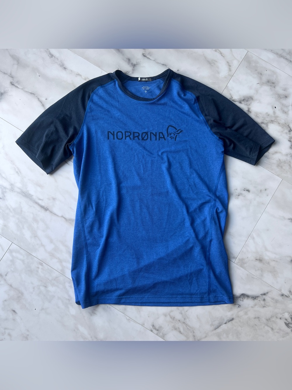 Norrøna Men’s Short-Sleeve Crew — Blue with Black Sleeves